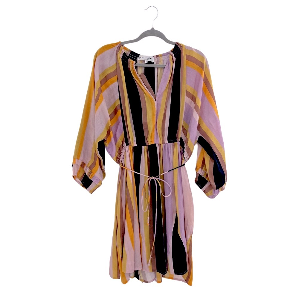 ASOT Apiece Apart Linen Silk Multicolor Striped La Flutte Mini Dress 6 S - Picture 2 of 10